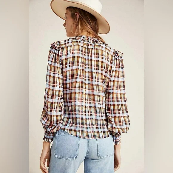 Anthropologie Maeve Laila Plaid Ruffle Wrap Blouse Boho Cottagecore Top Size 4 - Picture 7 of 11
